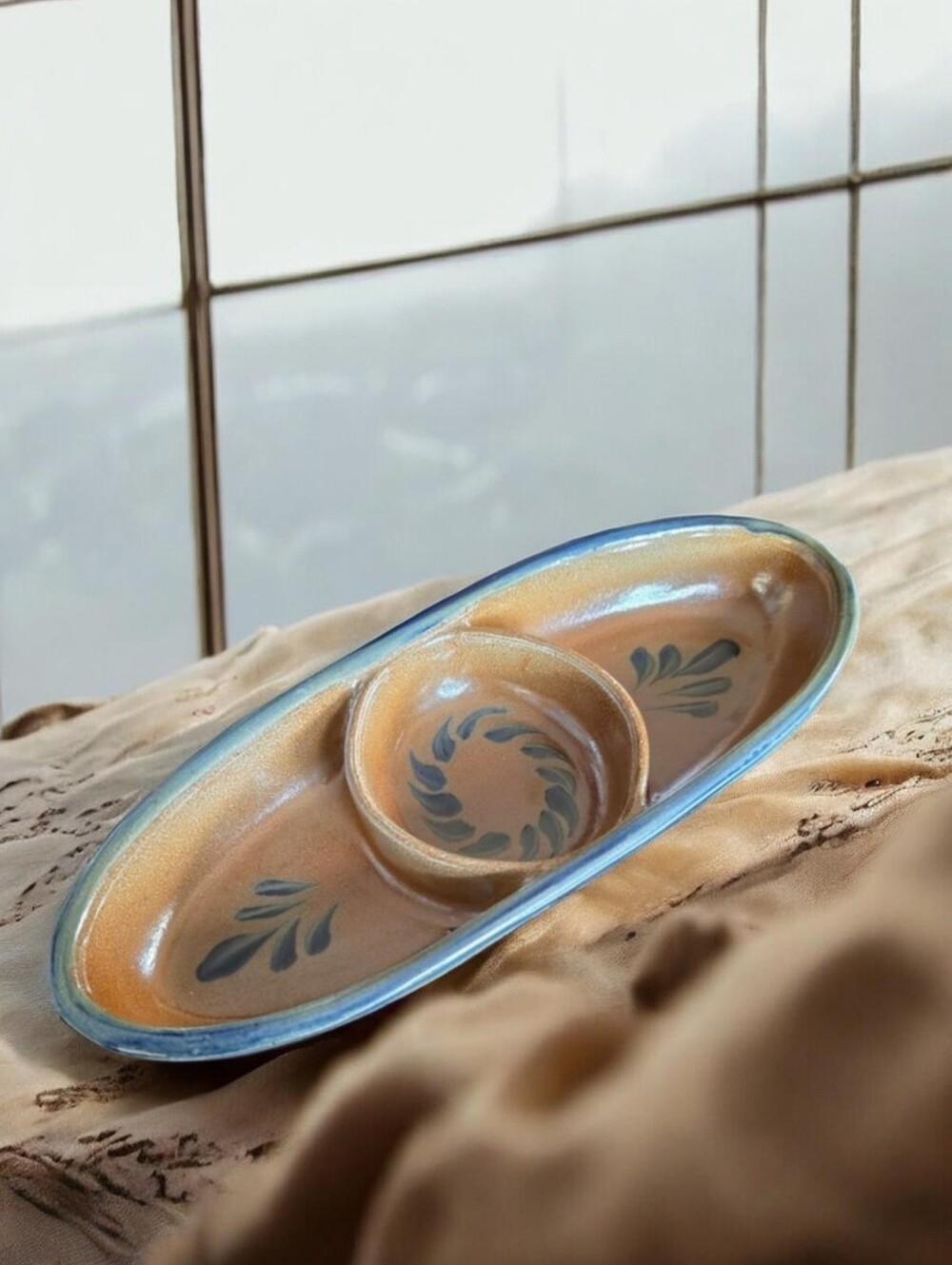 ROWE POTTERY WORKS Divided Relish Tray Salt Glazed Oval Serving Dish.